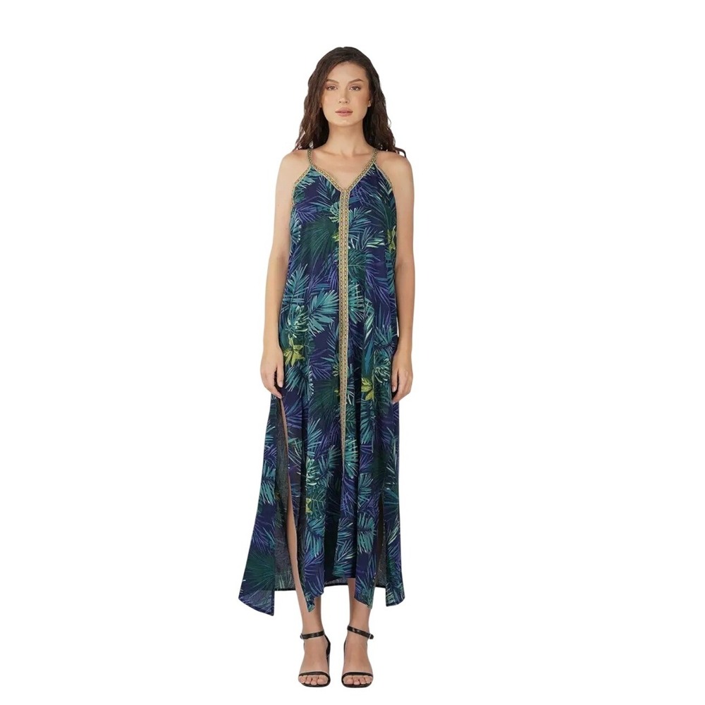 Tropical Print Navy Maxi Dress with Gold Trim